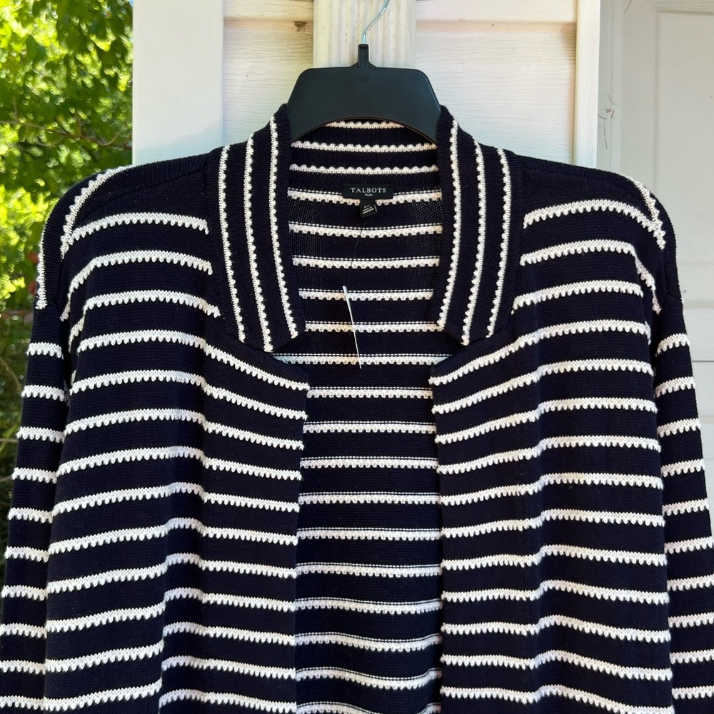 NWT Talbots Pretty Navy Lacey Cream Stripe Open Front Belted Cardigan - Picture 7 of 8
